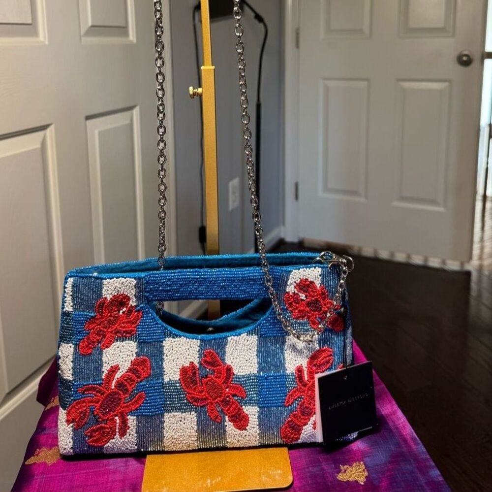 NWT America & Beyond Coastal Claw Beaded Gingham Lobster Clutch